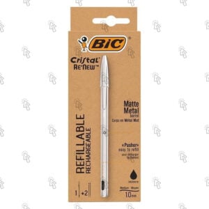 Penna Bic Cristal Re’New: nero, ricaricabile, 1 mm, inclusi 2 refill