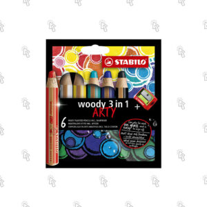 Pastelli a matita Stabilo woody 3 in 1 ARTY: astuccio appendibile con 6 u., temperino 4548 rosso